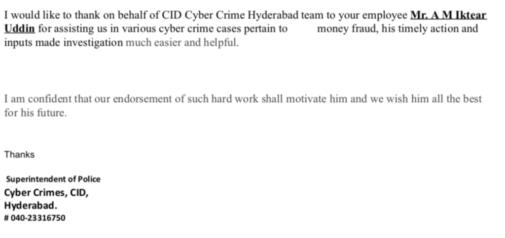 Appreciation  From Hyderabad CID Cyber Department To Our Employee in Money Fraud
